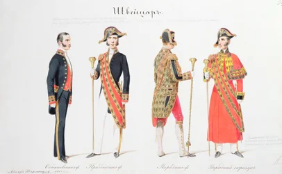Uniformes do Tribunal do Tsar Russo, 1855 (aguarela sobre papel)